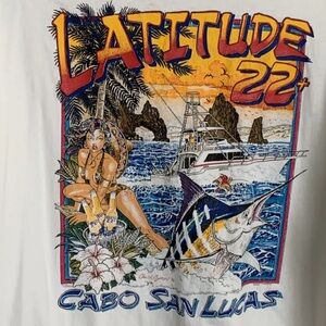 VTG 90’s Latitude Bar Shirt Cabo San Lucas XXL Signed Girl Bikini Boat Fish READ